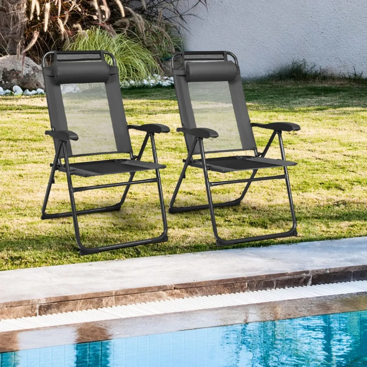 2 Klappbare Liegestühle für die Terrasse 71 x 58,5 x 101,5 cm Grau