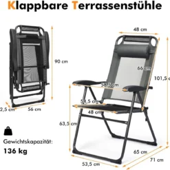 2 Klappbare Liegestühle für die Terrasse 71 x 58,5 x 101,5 cm Grau