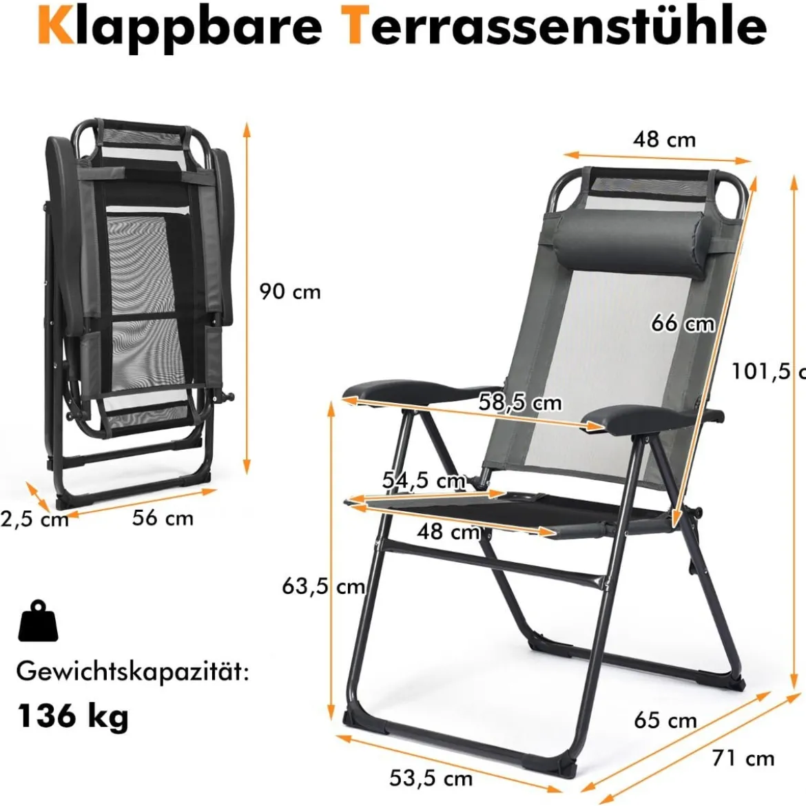 2 Klappbare Liegestühle für die Terrasse 71 x 58,5 x 101,5 cm Grau