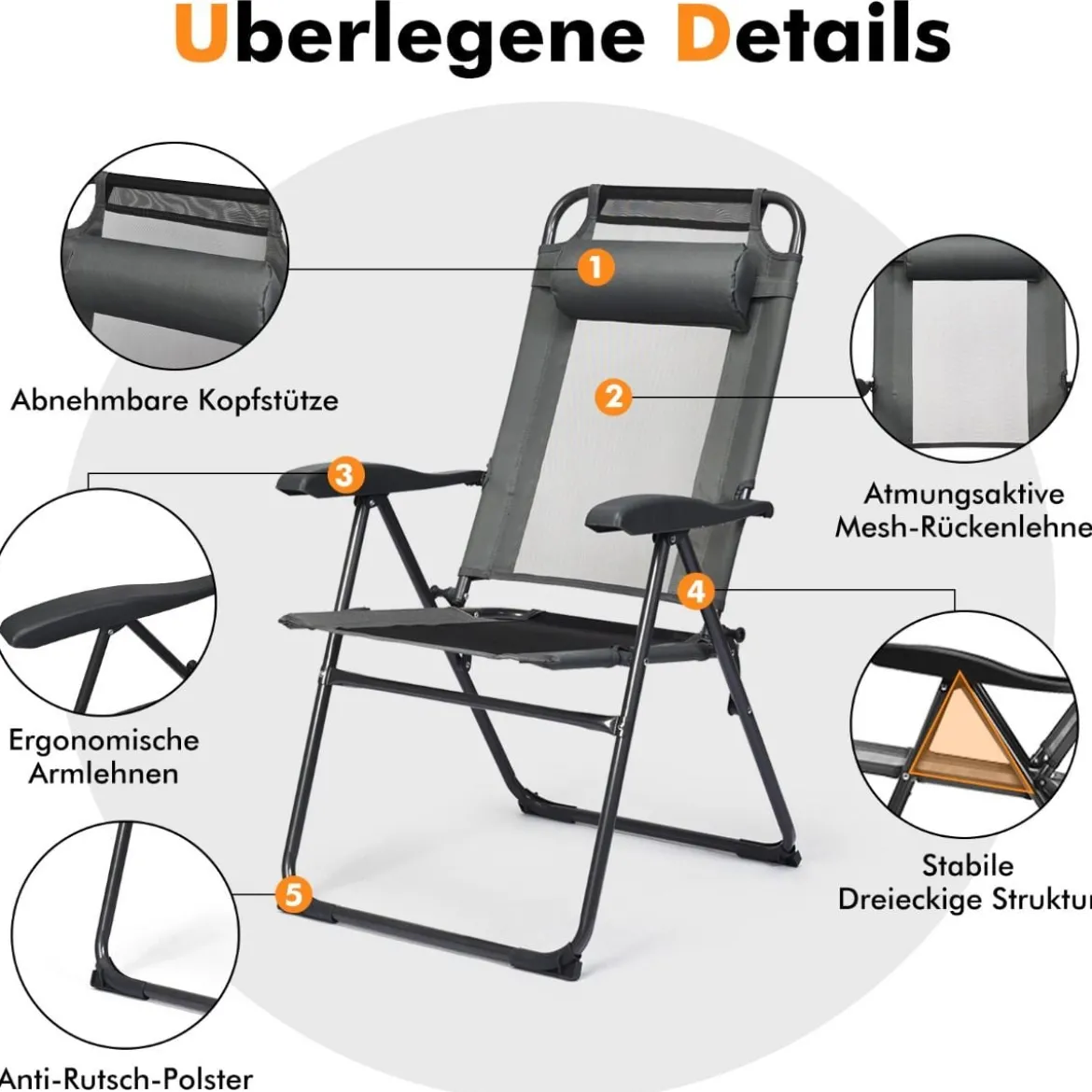 2 Klappbare Liegestühle für die Terrasse 71 x 58,5 x 101,5 cm Grau