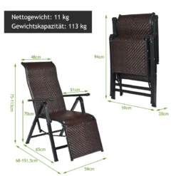 2 klappbare Rattan-Stühle Tragbare Stühle mit verstellbaren Lehnen mit breiter Armlehne Braun