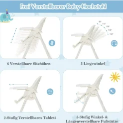 Klappbarer Babyhochstuhl mit 6 Höhen & Abnehmbarem Tablett & PU-Kissen Beige