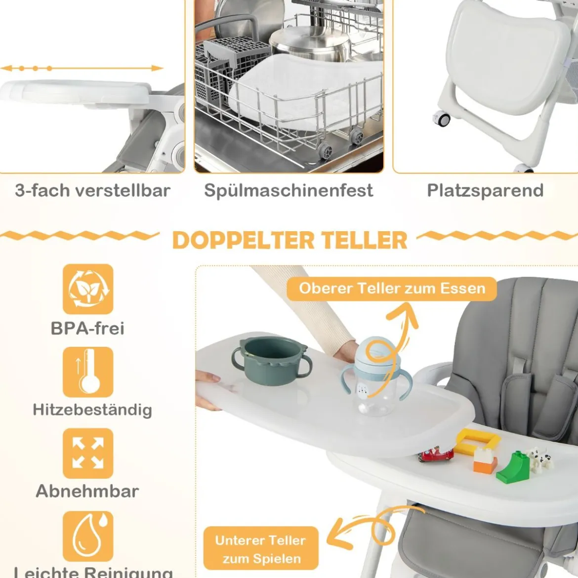 Klappbarer Babyhochstuhl mit Aufbewahrungskorb & Verstellbarer Höhen & 5-Punkt-Gurt Grau