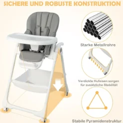 Klappbarer Babyhochstuhl mit Aufbewahrungskorb & Verstellbarer Höhen & 5-Punkt-Gurt Grau