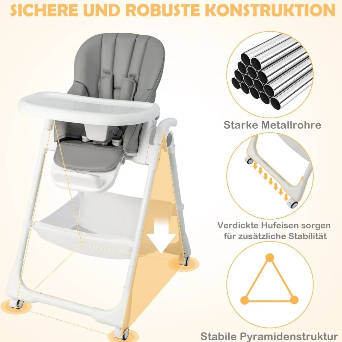 Klappbarer Babyhochstuhl mit Aufbewahrungskorb & Verstellbarer Höhen & 5-Punkt-Gurt Grau