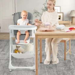 Klappbarer Babyhochstuhl mit Aufbewahrungskorb & Verstellbarer Höhen & 5-Punkt-Gurt Grau