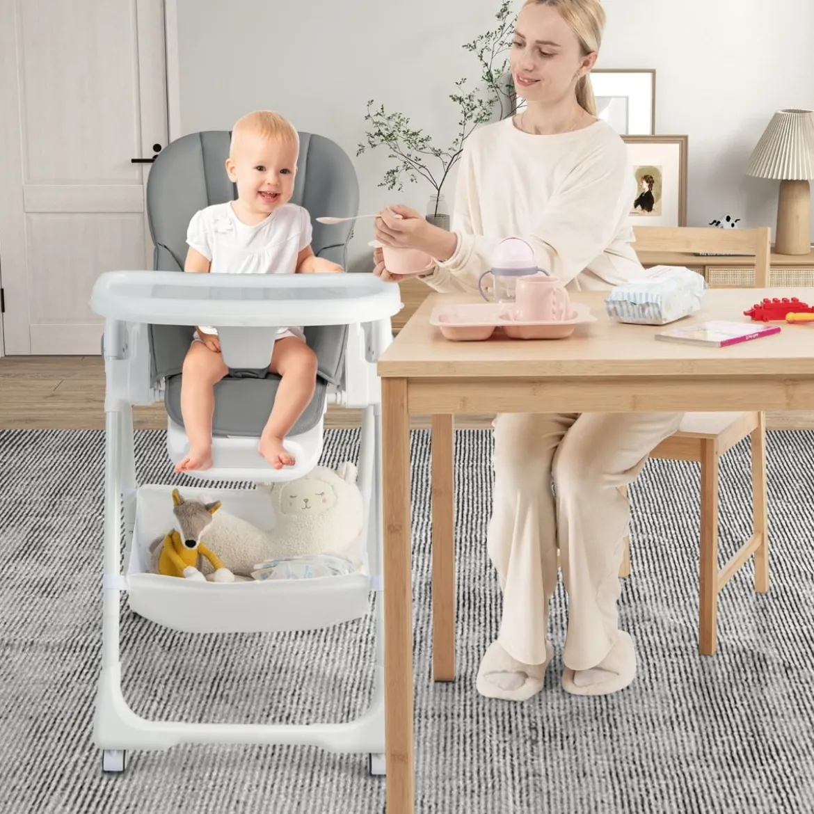 Klappbarer Babyhochstuhl mit Aufbewahrungskorb & Verstellbarer Höhen & 5-Punkt-Gurt Grau