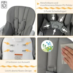 Klappbarer Babyhochstuhl mit Aufbewahrungskorb & Verstellbarer Höhen & 5-Punkt-Gurt Grau