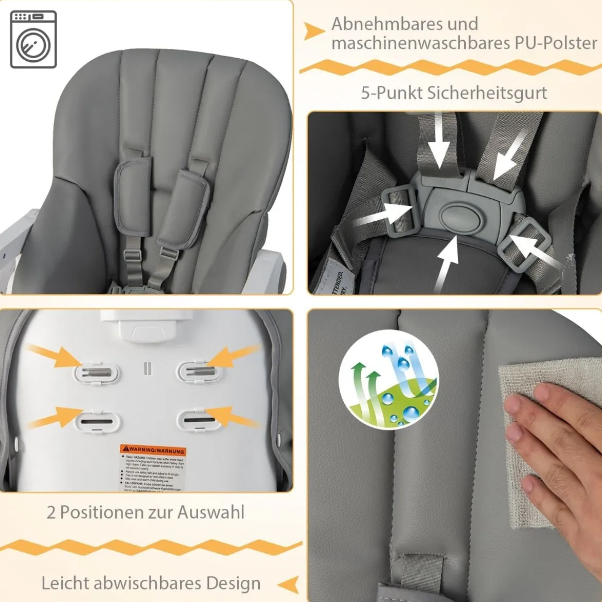 Klappbarer Babyhochstuhl mit Aufbewahrungskorb & Verstellbarer Höhen & 5-Punkt-Gurt Grau