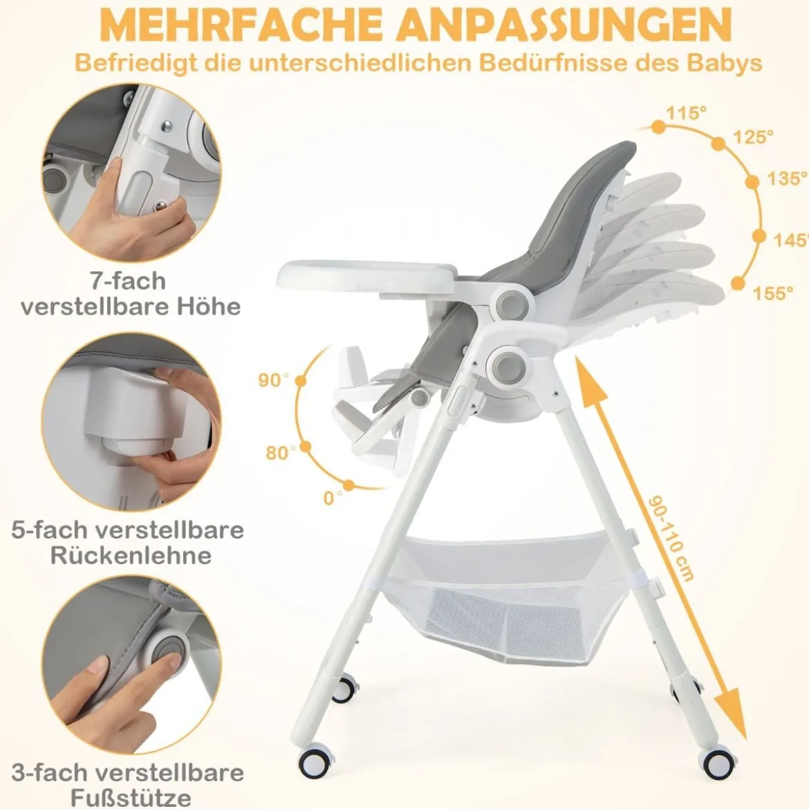 Klappbarer Babyhochstuhl mit Aufbewahrungskorb & Verstellbarer Höhen & 5-Punkt-Gurt Grau