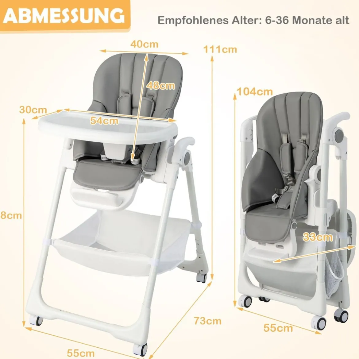 Klappbarer Babyhochstuhl mit Aufbewahrungskorb & Verstellbarer Höhen & 5-Punkt-Gurt Grau