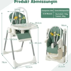 Klappbarer Babyhochstuhl mit Liegefunktion & Spielbügel & 4 Liegewinkeln & 7 Höhen Grün