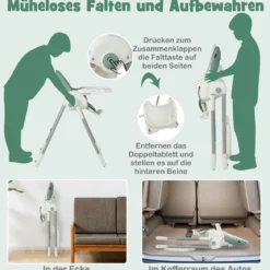 Klappbarer Babyhochstuhl mit Liegefunktion & Spielbügel & 4 Liegewinkeln & 7 Höhen Grün