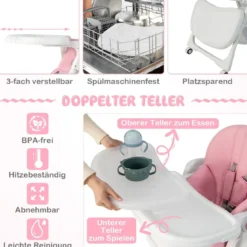 Klappbarer Babyhochstuhl mit Aufbewahrungskorb & Verstellbarer Höhen & 5 Punkt Gurt Rosa