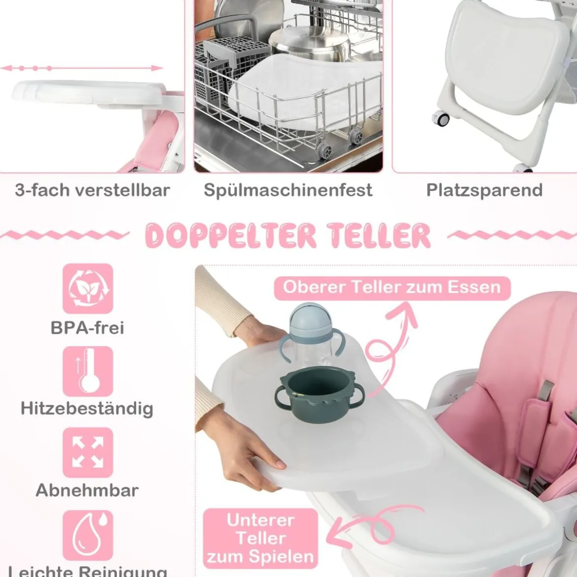 Klappbarer Babyhochstuhl mit Aufbewahrungskorb & Verstellbarer Höhen & 5 Punkt Gurt Rosa