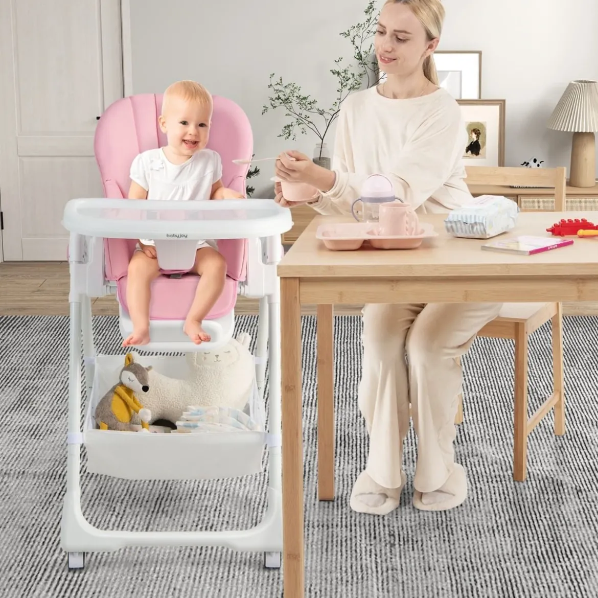 Klappbarer Babyhochstuhl mit Aufbewahrungskorb & Verstellbarer Höhen & 5 Punkt Gurt Rosa