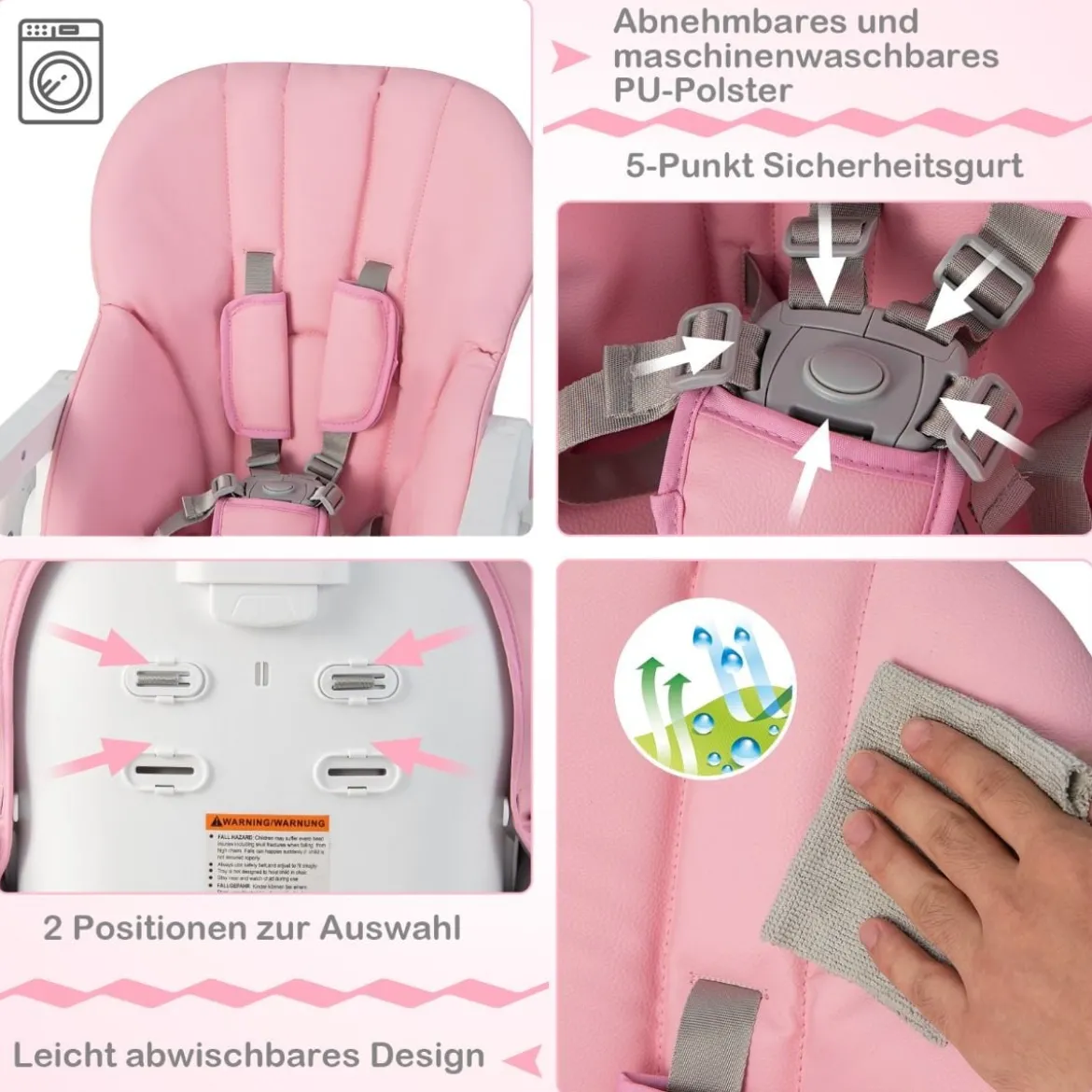 Klappbarer Babyhochstuhl mit Aufbewahrungskorb & Verstellbarer Höhen & 5 Punkt Gurt Rosa