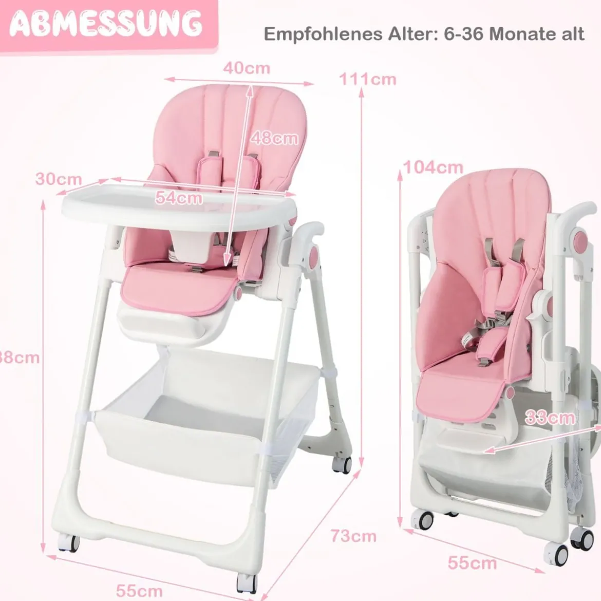 Klappbarer Babyhochstuhl mit Aufbewahrungskorb & Verstellbarer Höhen & 5 Punkt Gurt Rosa