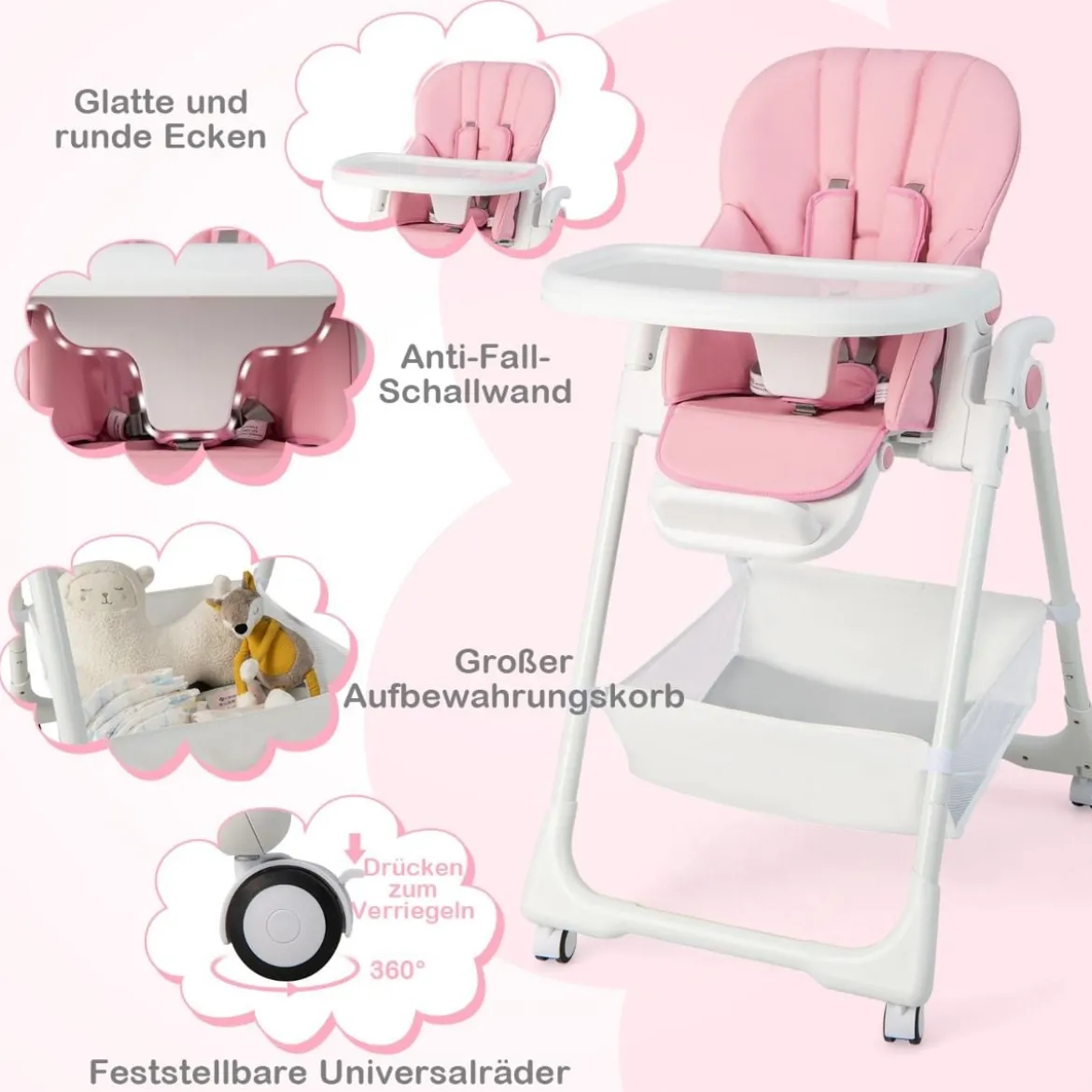 Klappbarer Babyhochstuhl mit Aufbewahrungskorb & Verstellbarer Höhen & 5 Punkt Gurt Rosa