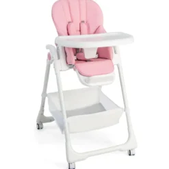 Klappbarer Babyhochstuhl mit Aufbewahrungskorb & Verstellbarer Höhen & 5 Punkt Gurt Rosa