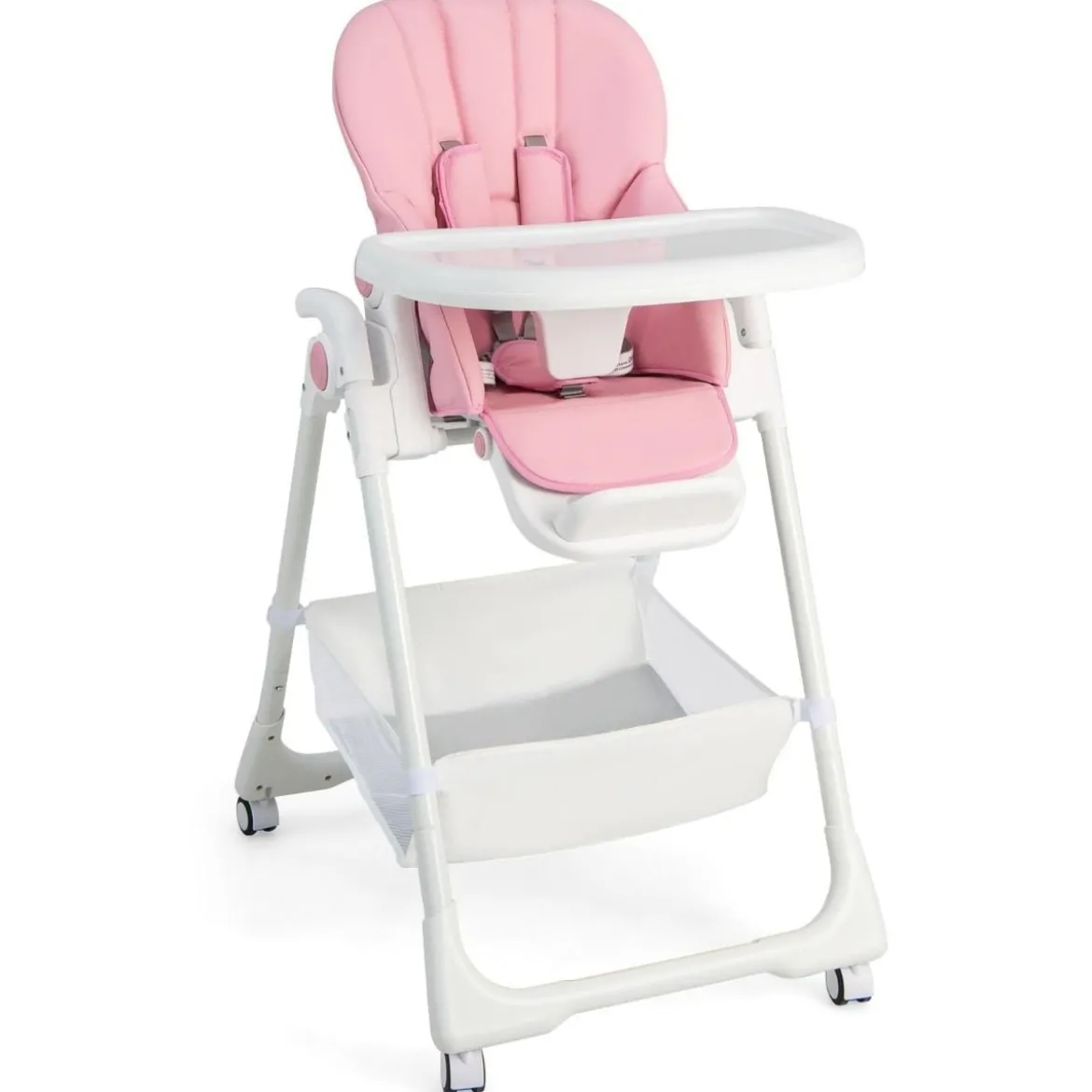 Klappbarer Babyhochstuhl mit Aufbewahrungskorb & Verstellbarer Höhen & 5 Punkt Gurt Rosa