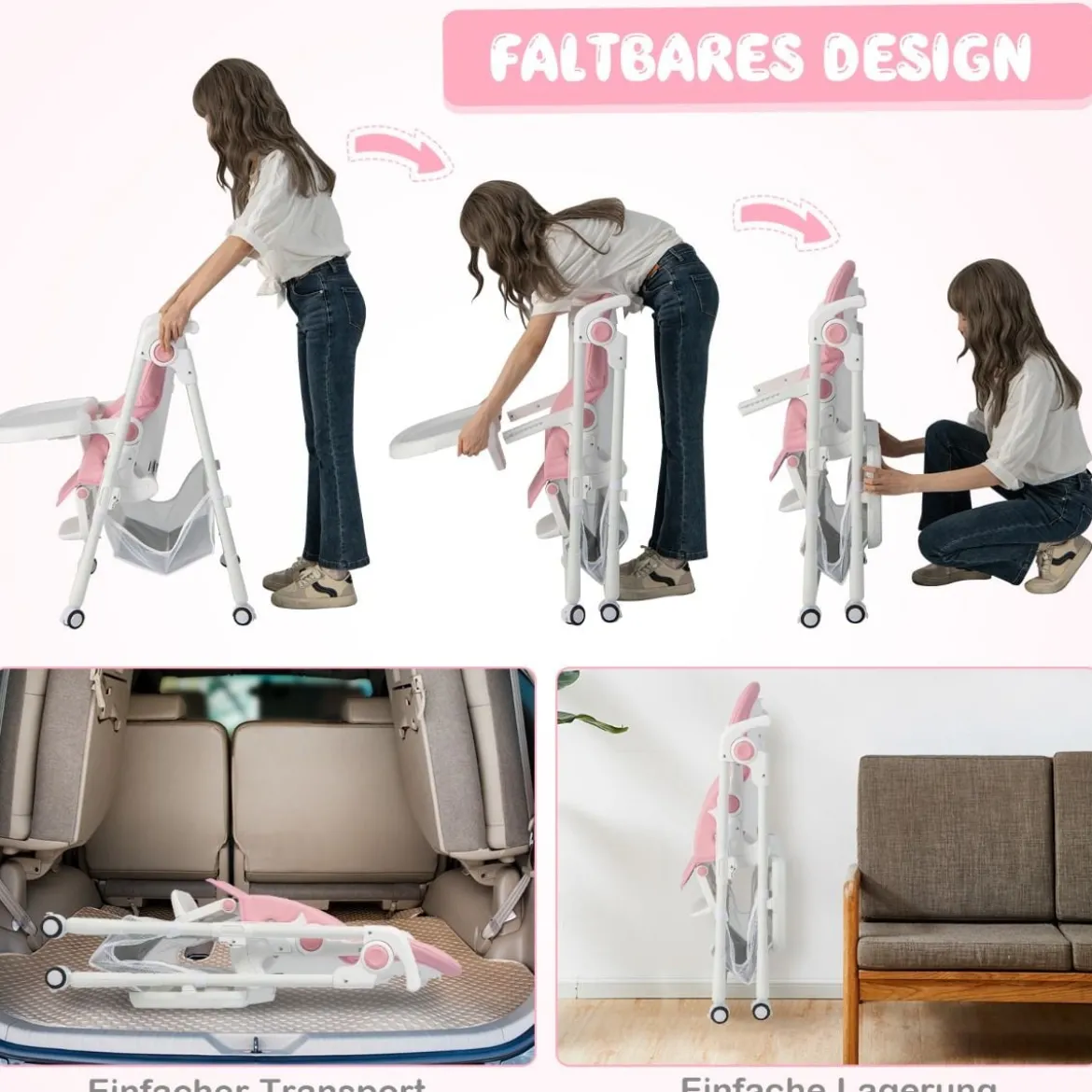 Klappbarer Babyhochstuhl mit Aufbewahrungskorb & Verstellbarer Höhen & 5 Punkt Gurt Rosa