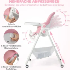 Klappbarer Babyhochstuhl mit Aufbewahrungskorb & Verstellbarer Höhen & 5 Punkt Gurt Rosa