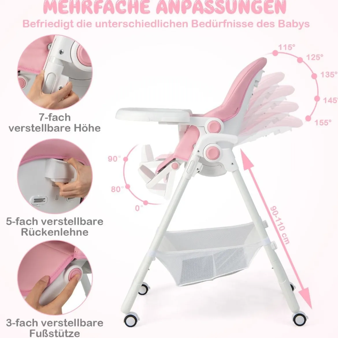 Klappbarer Babyhochstuhl mit Aufbewahrungskorb & Verstellbarer Höhen & 5 Punkt Gurt Rosa