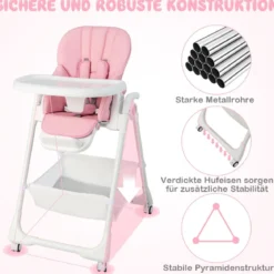 Klappbarer Babyhochstuhl mit Aufbewahrungskorb & Verstellbarer Höhen & 5 Punkt Gurt Rosa