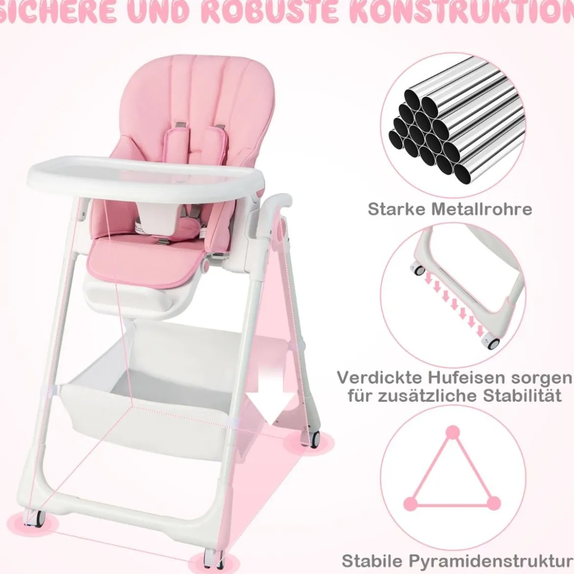 Klappbarer Babyhochstuhl mit Aufbewahrungskorb & Verstellbarer Höhen & 5 Punkt Gurt Rosa