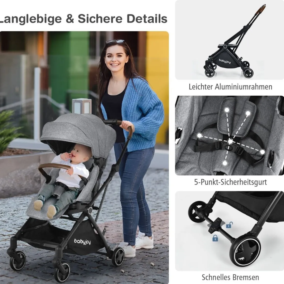 Klappbarer Baby-Kinderwagen Kinderbuggy mit drehbarem Sitz 92 x 53,5 x 100 cm Grau