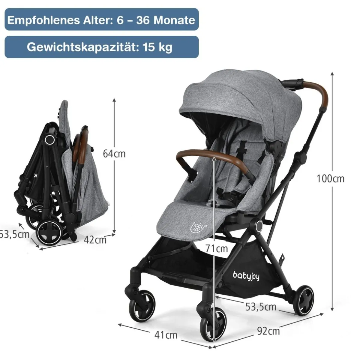 Klappbarer Baby-Kinderwagen Kinderbuggy mit drehbarem Sitz 92 x 53,5 x 100 cm Grau