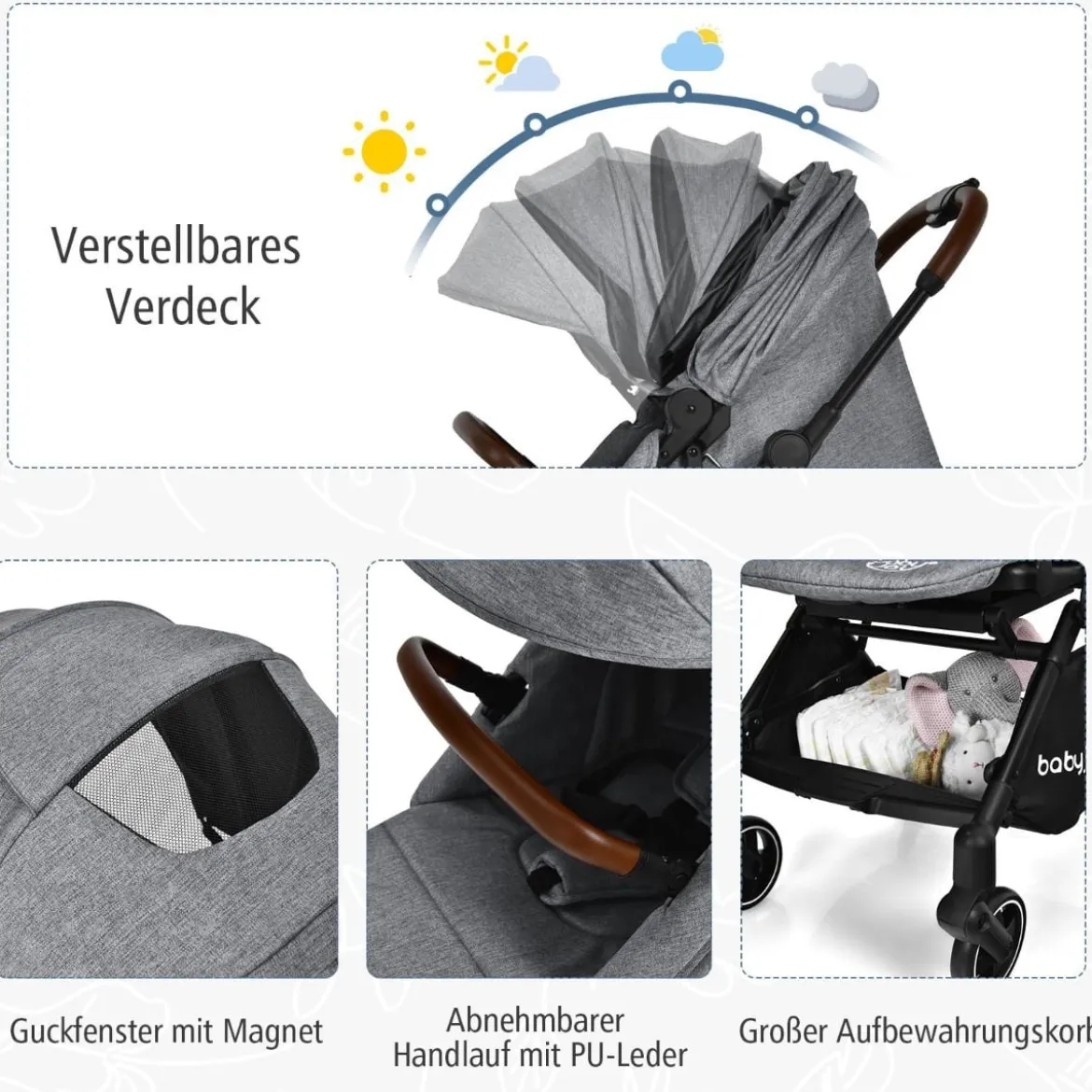 Klappbarer Baby-Kinderwagen Kinderbuggy mit drehbarem Sitz 92 x 53,5 x 100 cm Grau