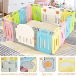 Klappbarer Baby Laufstall mit 14 Paneelen Laufgitter mit Tür & Spielzeugboard Spielzaun Bunt