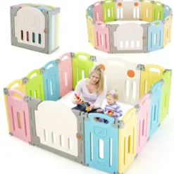 Klappbarer Baby Laufstall mit 14 Paneelen Laufgitter mit Tür & Spielzeugboard Spielzaun Bunt