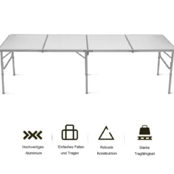 klappbarer Campingrtisch Aluminium Klapptisch 240 x 60 cm Picknicktisch Gartentisch für Indoor- und Outdoor Silber