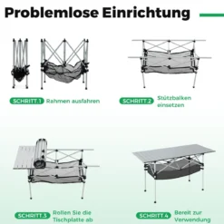 Klappbarer Campingtisch für Terrasse tragbarer Picknicktisch mit aufrollbarer Aluminium-Tischplatte & Netzkorb Silber