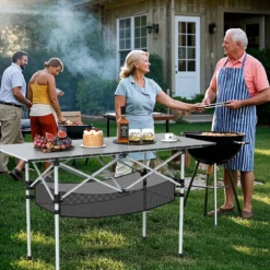 Klappbarer Campingtisch für Terrasse tragbarer Picknicktisch mit aufrollbarer Aluminium-Tischplatte & Netzkorb Silber
