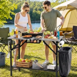 Klappbarer Campingtisch mit 1 Edelstahl Arbeitsplatte Tragbarer Grilltisch mit Gewürzregal