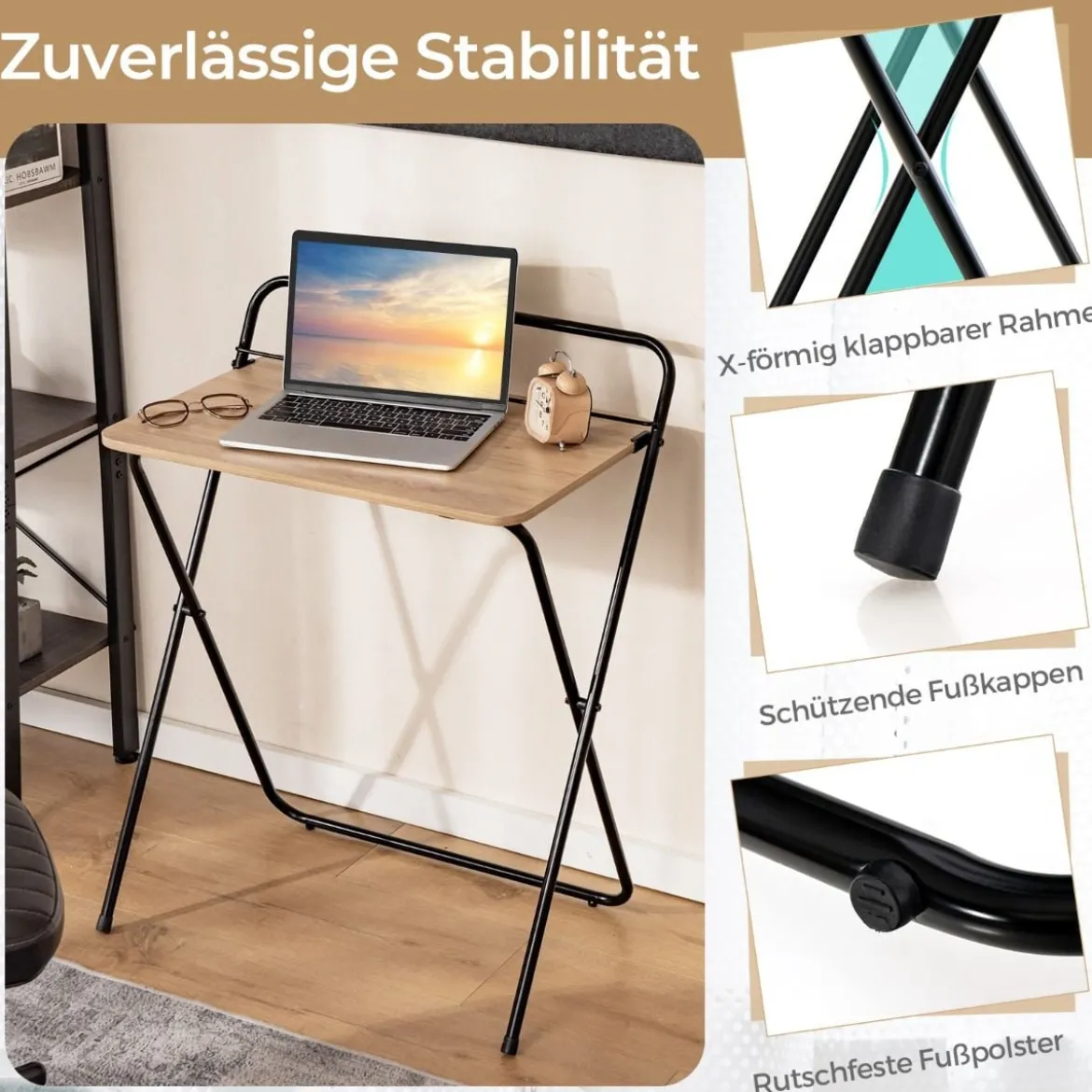 Klappbarer Computertisch mit Tablethalterung Kompakter Schreibtisch 64 x 43 x 80 cm Natur