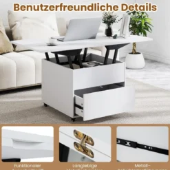 Klappbarer Couchtisch mit Höhenverstellbarer Platte & Verstecktem Stauraum Sofatisch Weiß