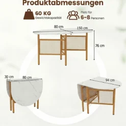 Klappbarer Esstisch für 6-8 Personen platzsparender Küchentisch mit Klappfunktion 150 x 80 x 76 cm Weiß+Gold