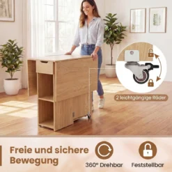 Klappbarer Esstisch mit 2 Rädern & 2-stufiger Ablagefläche & Schublade Klapptisch Natur