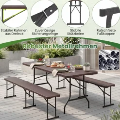 Klappbarer Gartentisch in Rattanoptik + 2er Set Klappbare Bierbank in Rattanoptik mit Tragegriff