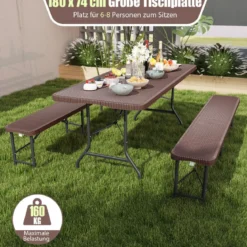 Klappbarer Gartentisch in Rattanoptik mit HDPE-Tischplatte & Tragegriff Campingtisch