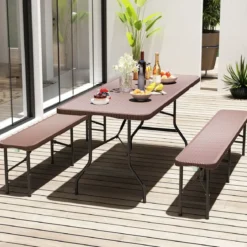 Klappbarer Gartentisch in Rattanoptik mit HDPE-Tischplatte & Tragegriff Campingtisch