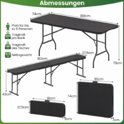 Klappbarer Gartentisch in Rattanoptik mit HDPE-Tischplatte & Tragegriff Campingtisch