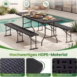 Klappbarer Gartentisch in Rattanoptik mit HDPE-Tischplatte & Tragegriff Campingtisch
