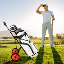 Klappbarer Golf Trolley aus Stahl mit Scorecardhalter 2 Rad Golftrolley Golf Bag Push Cart
