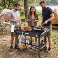 Klappbarer Grillwagen 82 x 46 cm Tragbarer Grilltisch mit Rollen Arbeitsfläche & Hitzeschutzmatte